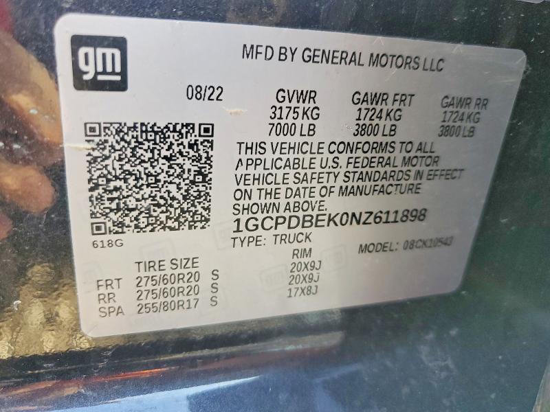 Aukcja sprzedaży 2022 Chevrolet Silverado, vin: 1GCPDBEK0NZ611898, numer aukcji: 67485646