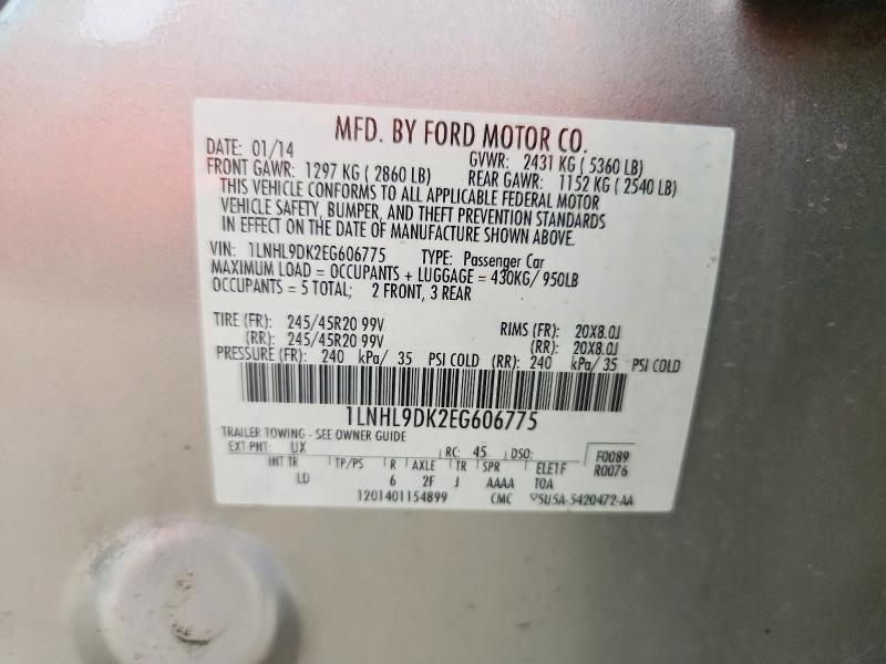 2014 Lincoln Mks მანქანა იყიდება აუქციონზე, vin: 1LNHL9DK2EG606775, აუქციონის ნომერი: 67139036