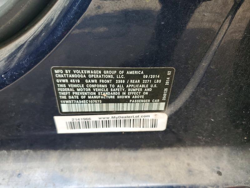 67998236 :رقم المزاد ، 1VWBT7A34EC107573 vin ، 2014 Volkswagen Passat مزاد بيع