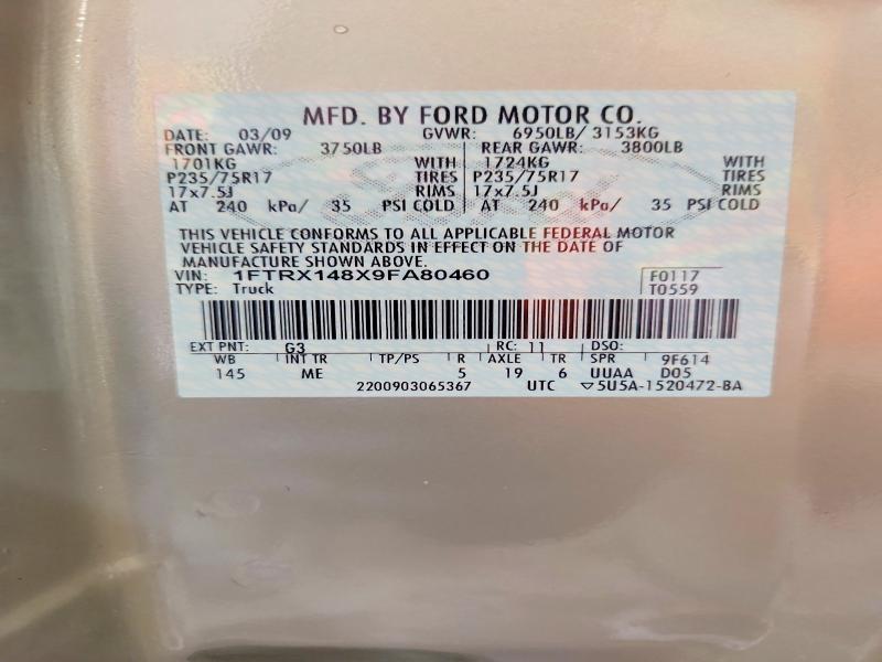 2009 Ford F-150 მანქანა იყიდება აუქციონზე, vin: 1FTRX148X9FA80460, აუქციონის ნომერი: 67962776