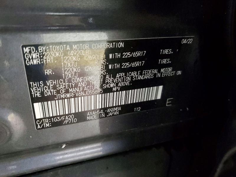 2022 Toyota Rav4 მანქანა იყიდება აუქციონზე, vin: JTMRWRFV6NJ055695, აუქციონის ნომერი: 70407586