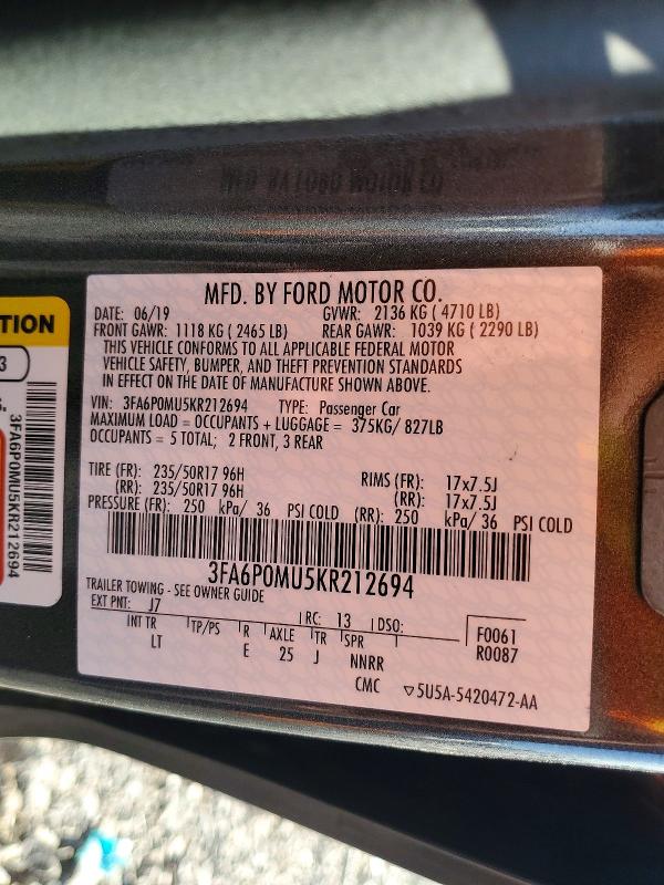 Продаж на аукціоні авто 2019 Ford Fusion, vin: 3FA6P0MU5KR212694, номер лоту: 68212666