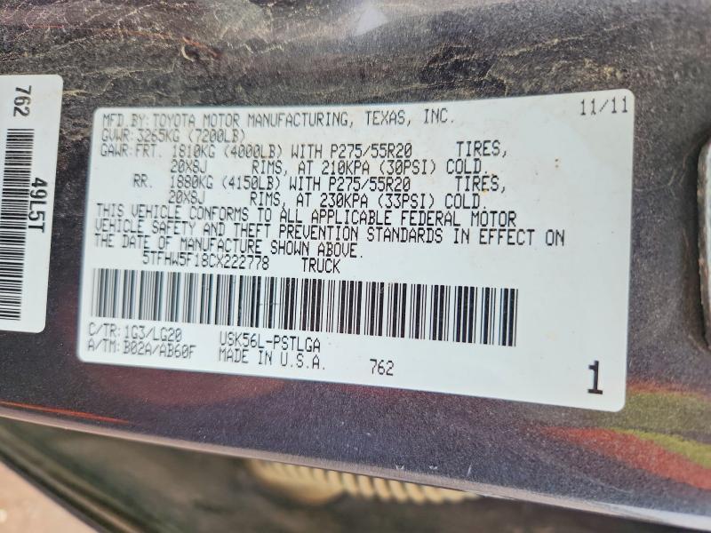 70938886 :رقم المزاد ، 5TFHW5F18CX222778 vin ، 2012 Toyota Tundra مزاد بيع