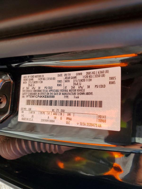 69095856 :رقم المزاد ، 1FTEW1CP4KKE80599 vin ، 2019 Ford F150 مزاد بيع