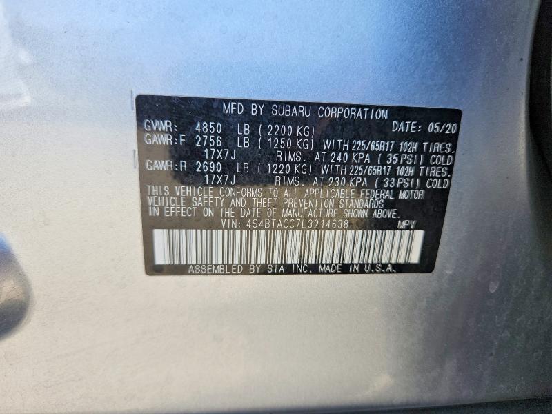 2020 Subaru Outback მანქანა იყიდება აუქციონზე, vin: 4S4BTACC7L3214638, აუქციონის ნომერი: 68635446