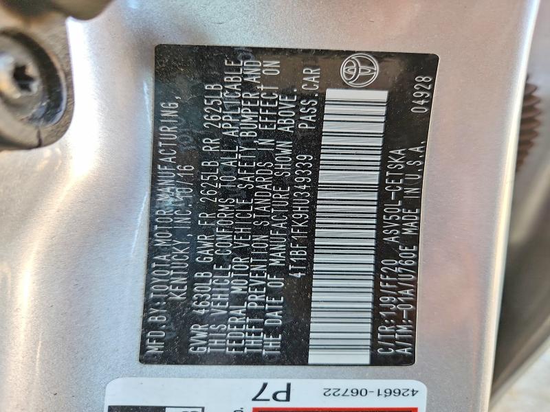 2017 Toyota Camry მანქანა იყიდება აუქციონზე, vin: 4T1BF1FK9HU349339, აუქციონის ნომერი: 68710266
