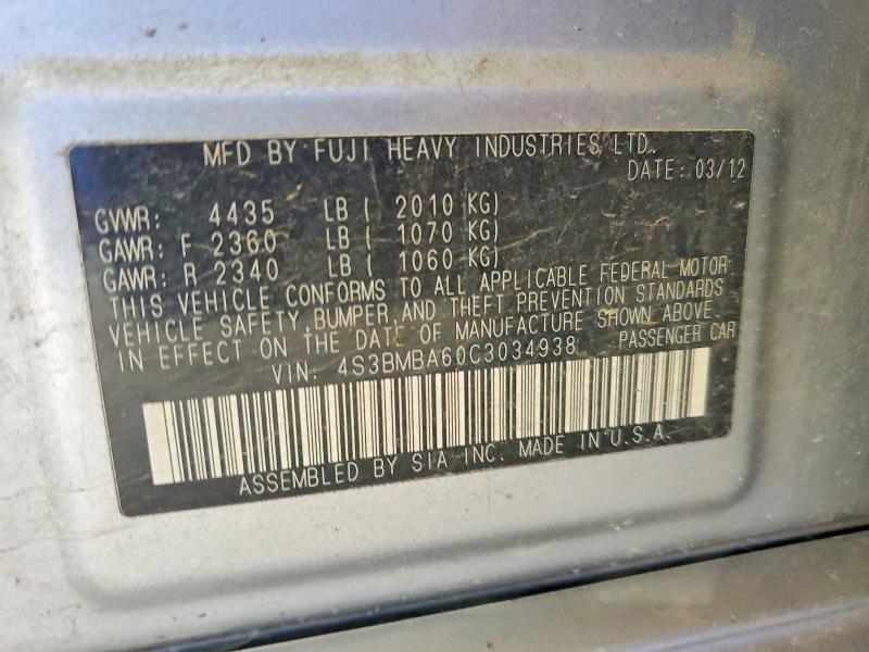 2012 Subaru Legacy მანქანა იყიდება აუქციონზე, vin: 4S3BMBA60C3034938, აუქციონის ნომერი: 67670396