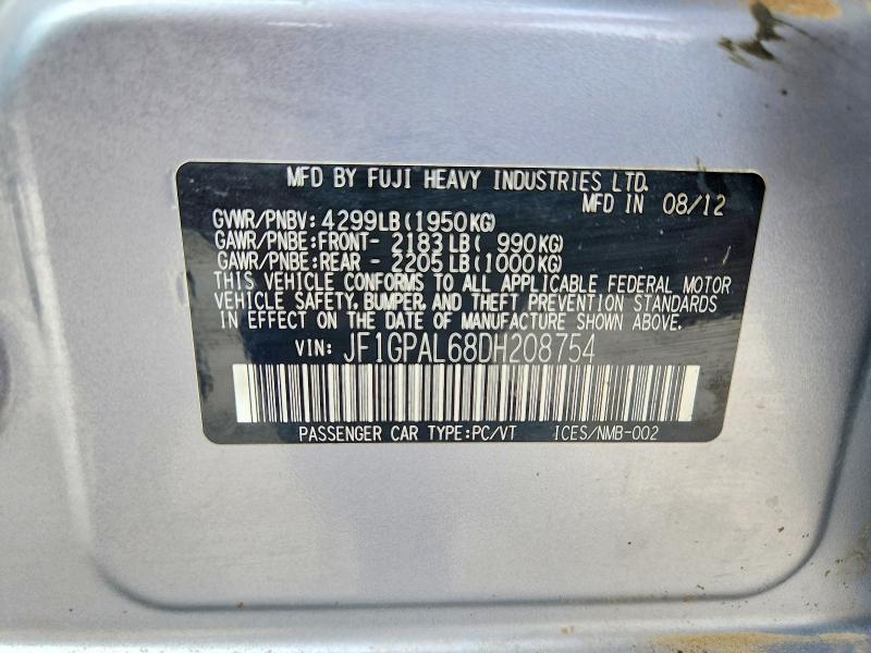 2013 Subaru Impreza მანქანა იყიდება აუქციონზე, vin: JF1GPAL68DH208754, აუქციონის ნომერი: 68170366