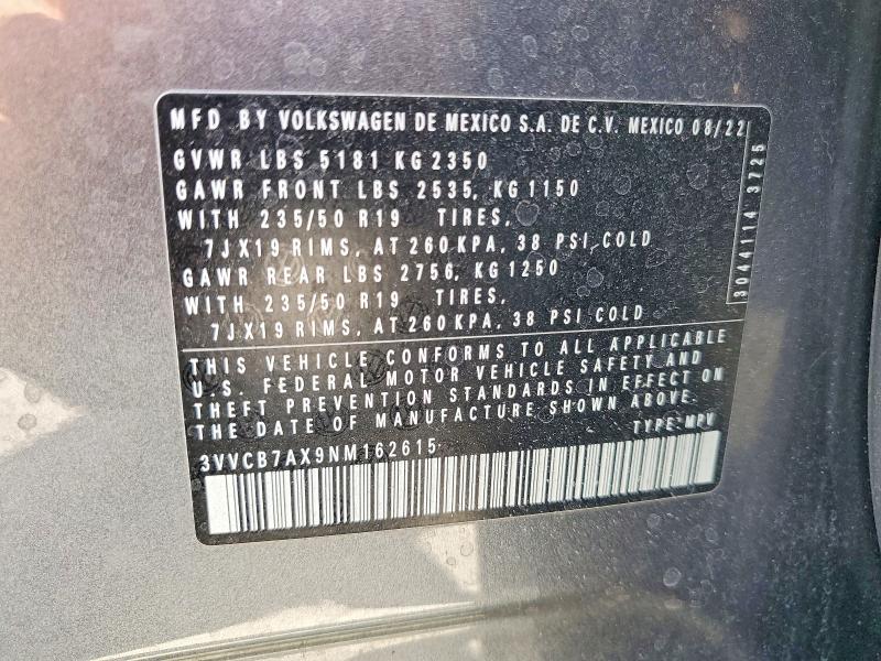 2022 Volkswagen Tiguan მანქანა იყიდება აუქციონზე, vin: 3VVCB7AX9NM162615, აუქციონის ნომერი: 69058036