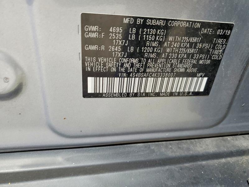 2019 Subaru Outback მანქანა იყიდება აუქციონზე, vin: 4S4BSAFC4K3338007, აუქციონის ნომერი: 69280476