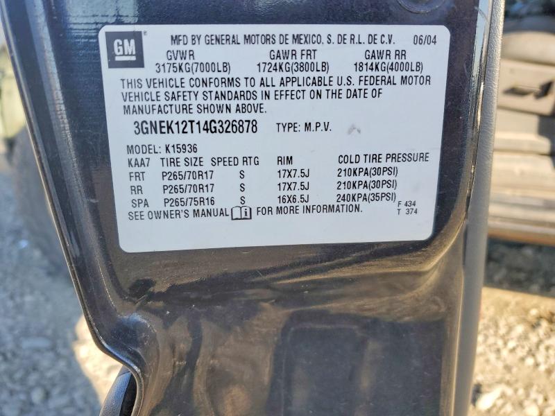 69456806 :رقم المزاد ، 3GNEK12T14G326878 vin ، 2004 Chevrolet Avalanche مزاد بيع