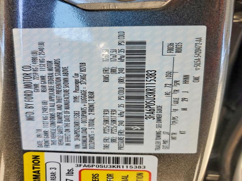 Aukcja sprzedaży 2019 Ford Fusion, vin: 3FA6P0SU3KR115383, numer aukcji: 71275016