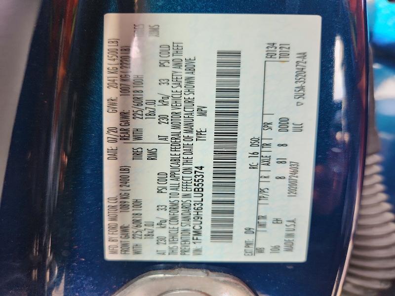 68454406 :رقم المزاد ، 1FMCU9H63LUB55374 vin ، 2020 Ford Escape مزاد بيع