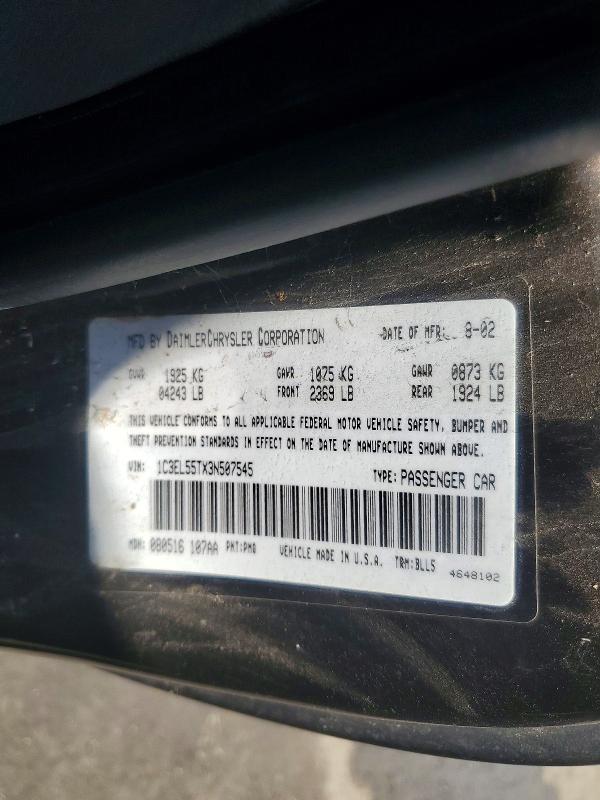 Aukcja sprzedaży 2003 Chrysler Sebring, vin: 1C3EL55TX3N507545, numer aukcji: 70986136