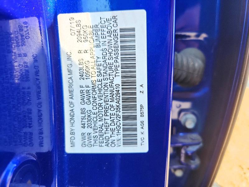 68226736 :رقم المزاد ، 1HGCV2F35KA029410 vin ، 2019 Honda Accord مزاد بيع