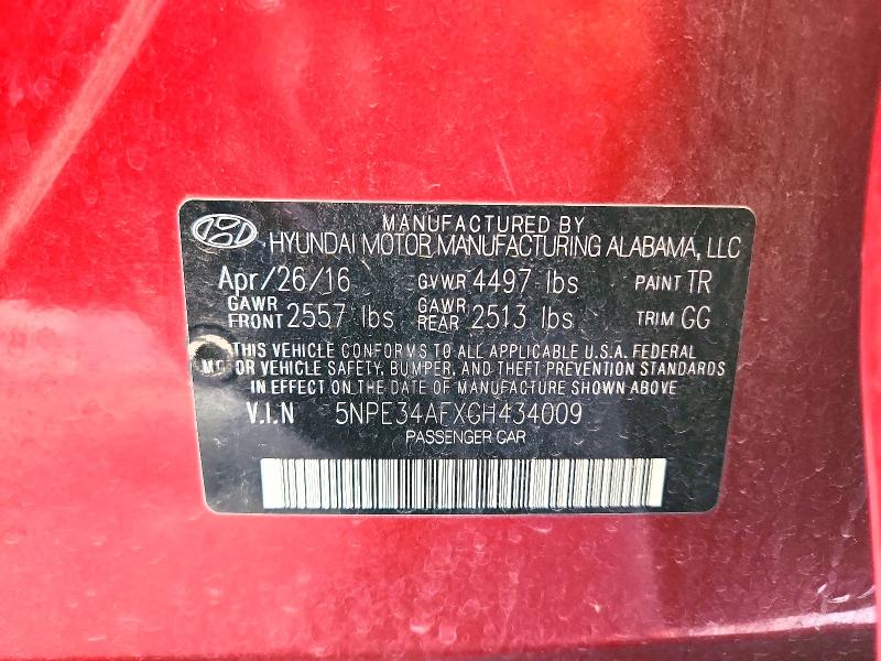 67221296 :رقم المزاد ، 5NPE34AFXGH434009 vin ، 2016 Hyundai Sonata مزاد بيع