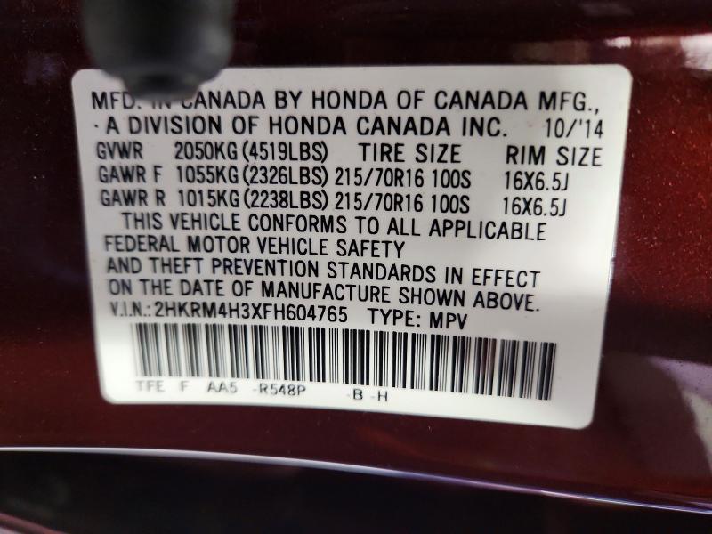 68971266 :رقم المزاد ، 2HKRM4H3XFH604765 vin ، 2015 Honda Cr-v مزاد بيع