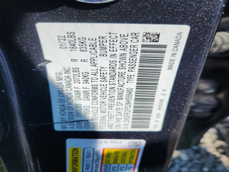 2022 Honda Civic მანქანა იყიდება აუქციონზე, vin: 2HGFE2F52NH568460, აუქციონის ნომერი: 67421406