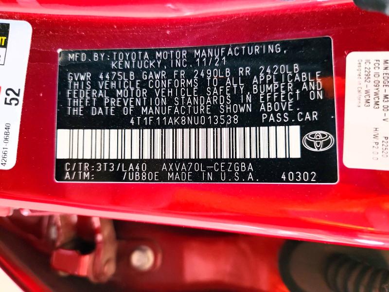 67399886 :رقم المزاد ، 4T1F11AK8NU013538 vin ، 2022 Toyota Camry مزاد بيع