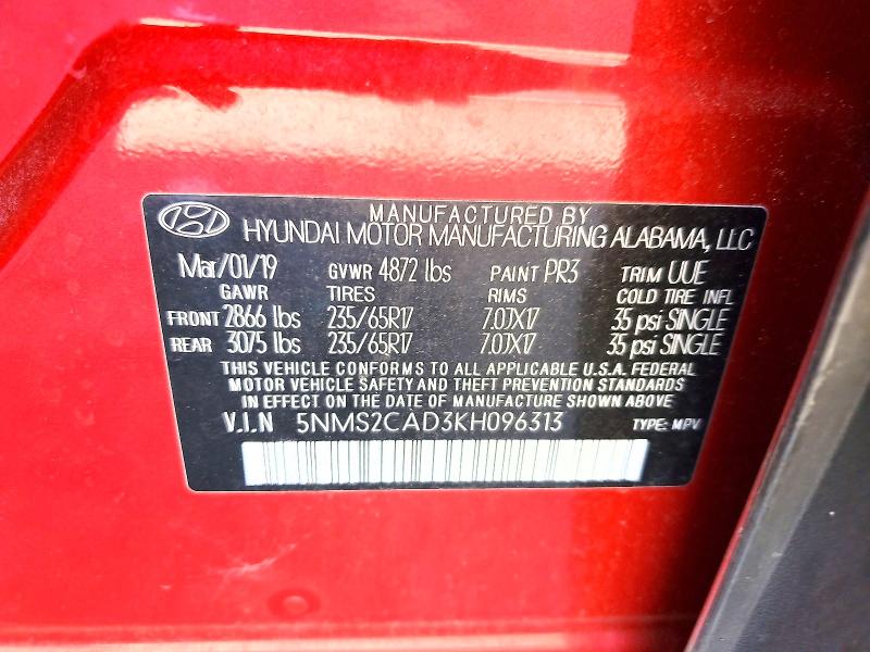 Aukcja sprzedaży 2019 Hyundai Santa Fe, vin: 5NMS2CAD3KH096313, numer aukcji: 70278856