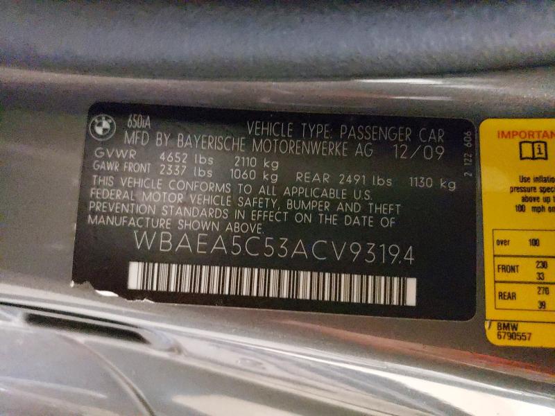71072236 :رقم المزاد ، WBAEA5C53ACV93194 vin ، 2010 Bmw 650 مزاد بيع