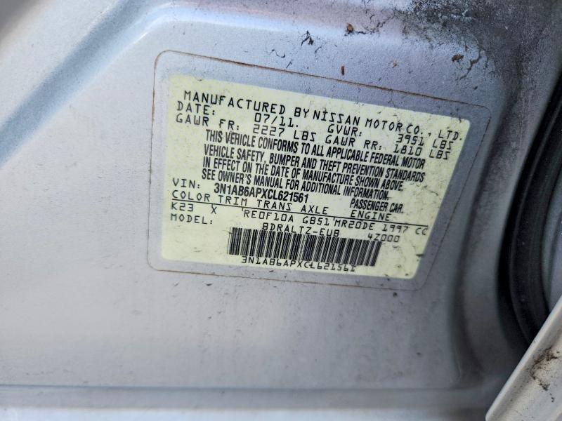 2012 Nissan Sentra მანქანა იყიდება აუქციონზე, vin: 3N1AB6APXCL621561, აუქციონის ნომერი: 67427096