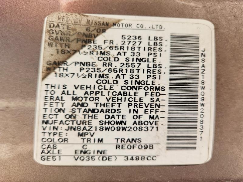 2009 Nissan Murano მანქანა იყიდება აუქციონზე, vin: JN8AZ18W09W208371, აუქციონის ნომერი: 70663766