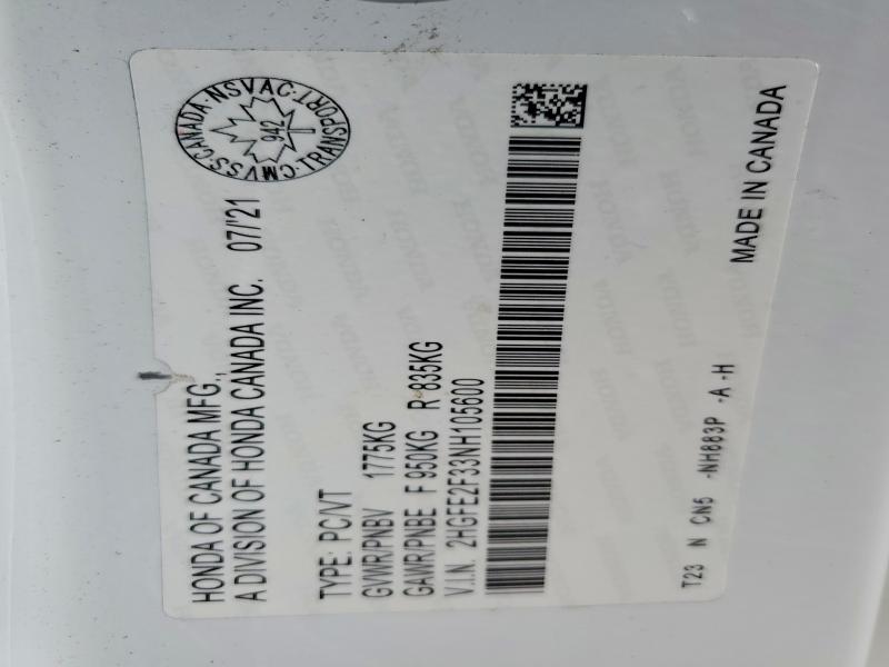 2022 Honda Civic მანქანა იყიდება აუქციონზე, vin: 2HGFE2F33NH105600, აუქციონის ნომერი: 67459866