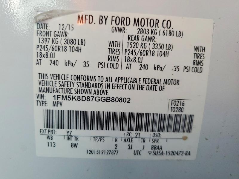 Продаж на аукціоні авто 2016 Ford Explorer, vin: 1FM5K8D87GGB80802, номер лоту: 68920336