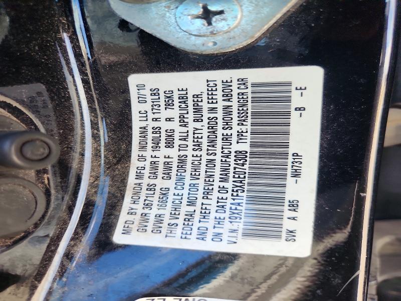 69196916 :رقم المزاد ، 19XFA1F5XAE074308 vin ، 2010 Honda Civic مزاد بيع