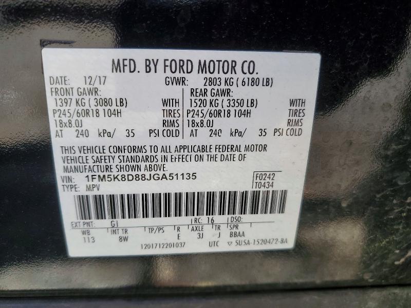 68162136 :رقم المزاد ، 1FM5K8D88JGA51135 vin ، 2018 Ford Explorer مزاد بيع