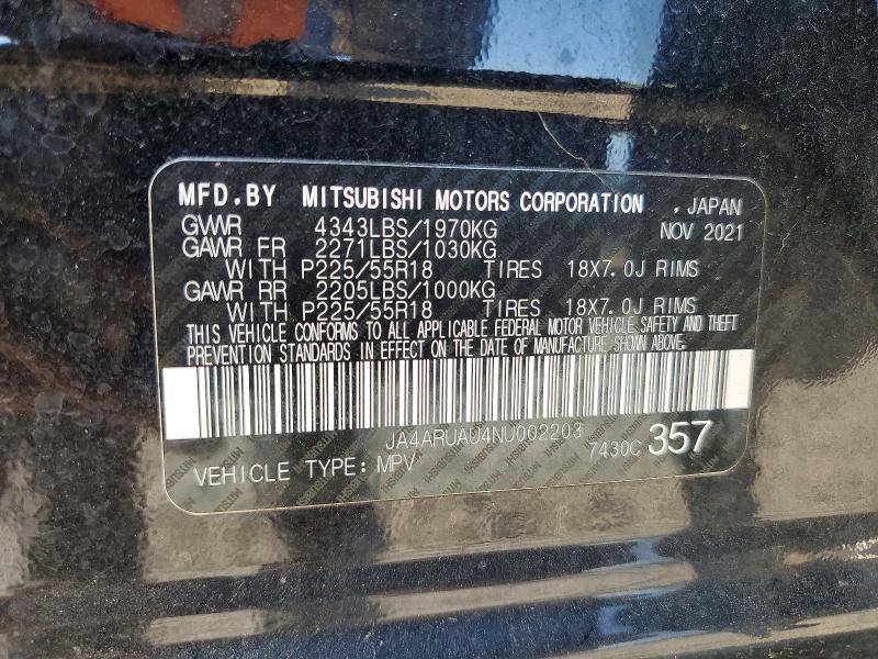 67155016 :رقم المزاد ، JA4ARUAU4NU002203 vin ، 2022 Mitsubishi Outlander Sport مزاد بيع