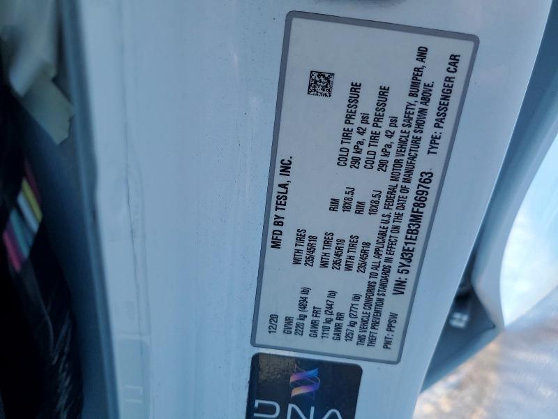 68690706 :رقم المزاد ، 5YJ3E1EB3MF869763 vin ، 2021 Tesla Model 3 مزاد بيع