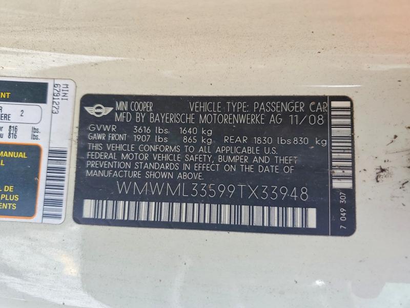 2009 Mini Cooper Clubman მანქანა იყიდება აუქციონზე, vin: WMWML33599TX33948, აუქციონის ნომერი: 67546046