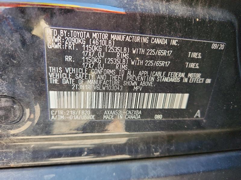 Продаж на аукціоні авто 2020 Toyota Rav4, vin: 2T3H1RFV6LW103043, номер лоту: 68129126