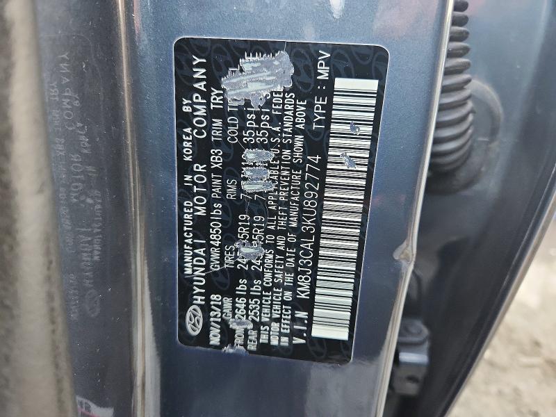 66798366 :رقم المزاد ، KM8J3CAL3KU892774 vin ، 2019 Hyundai Tucson مزاد بيع