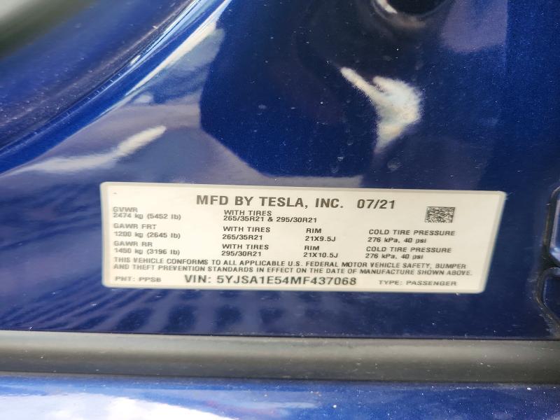 Продажа на аукционе авто 2021 Tesla Model S, vin: 5YJSA1E54MF437068, номер лота: 67547656