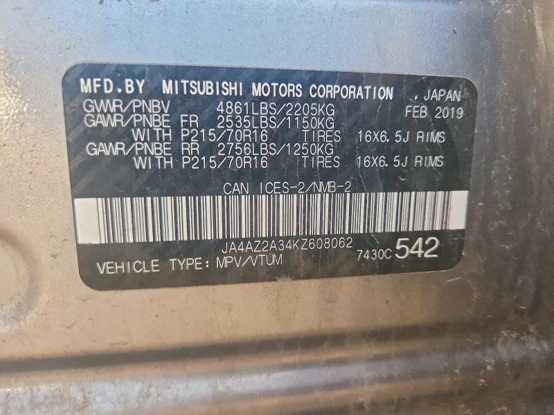 66755476 :رقم المزاد ، JA4AZ2A34KZ608062 vin ، 2019 Mitsubishi Outlander مزاد بيع