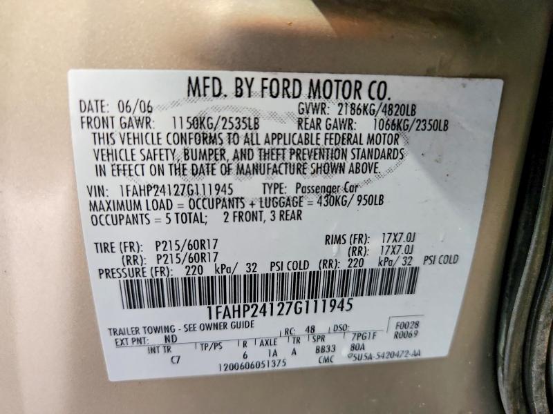 2007 Ford Five Hundred მანქანა იყიდება აუქციონზე, vin: 1FAHP24127G111945, აუქციონის ნომერი: 68003226