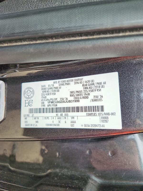 Auction sale of the 2018 Ford Escape, vin: 1FMCU0GDXJUB31999        , lot number: 69189956