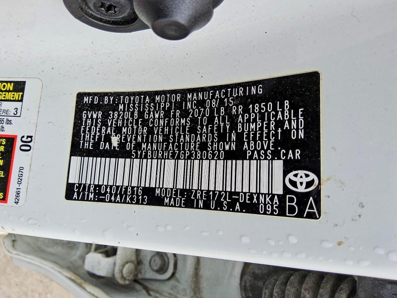 2016 Toyota Corolla მანქანა იყიდება აუქციონზე, vin: 5YFBURHE7GP380620, აუქციონის ნომერი: 65904356
