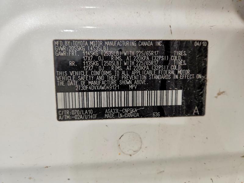 2010 Toyota Rav4 მანქანა იყიდება აუქციონზე, vin: 2T3DF4DVXAW049121, აუქციონის ნომერი: 70143656