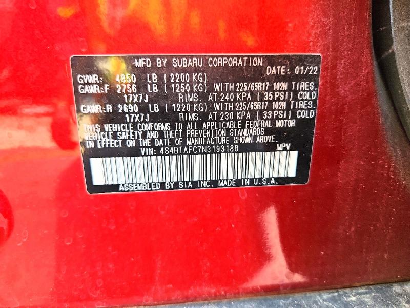 Aukcja sprzedaży 2022 Subaru Outback, vin: 4S4BTAFC7N3193188, numer aukcji: 62970376