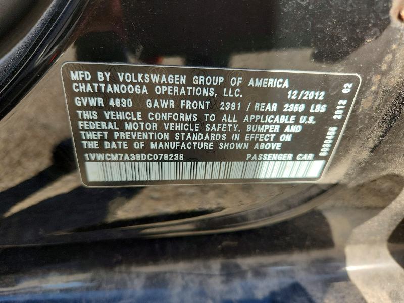 68974526 :رقم المزاد ، 1VWCM7A38DC078238 vin ، 2013 Volkswagen Passat مزاد بيع