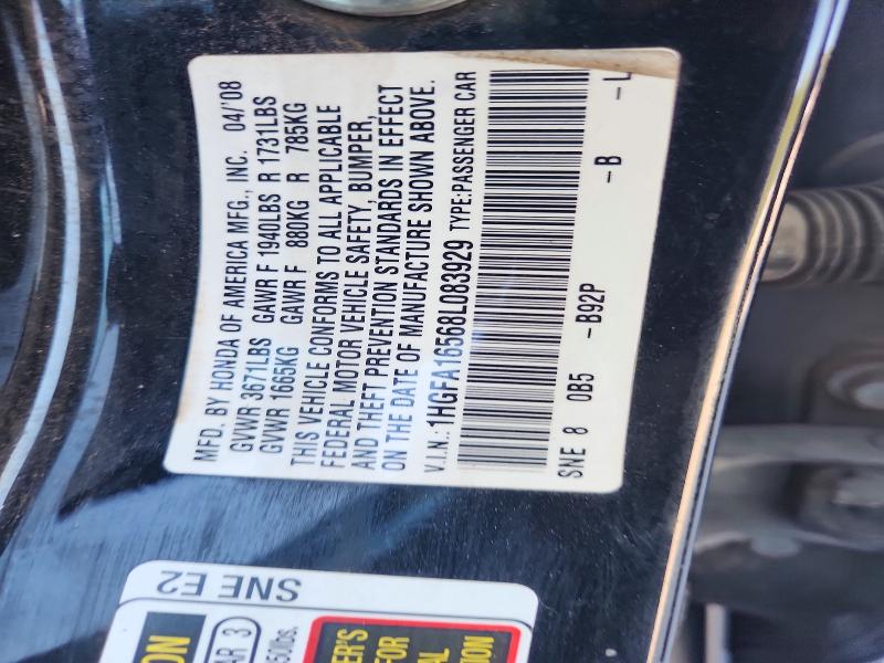 Aukcja sprzedaży 2008 Honda Civic, vin: 1HGFA16568L083929, numer aukcji: 68881426