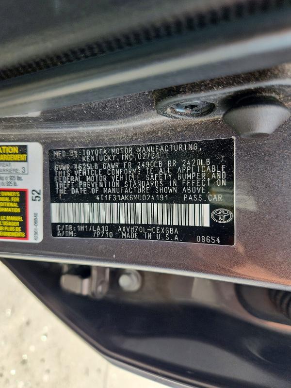 2021 Toyota Camry მანქანა იყიდება აუქციონზე, vin: 4T1F31AK6MU024191, აუქციონის ნომერი: 70640336