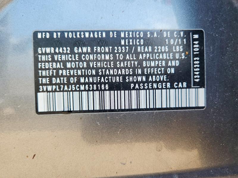 2012 Volkswagen Jetta მანქანა იყიდება აუქციონზე, vin: 3VWPL7AJ5CM638166, აუქციონის ნომერი: 66909736