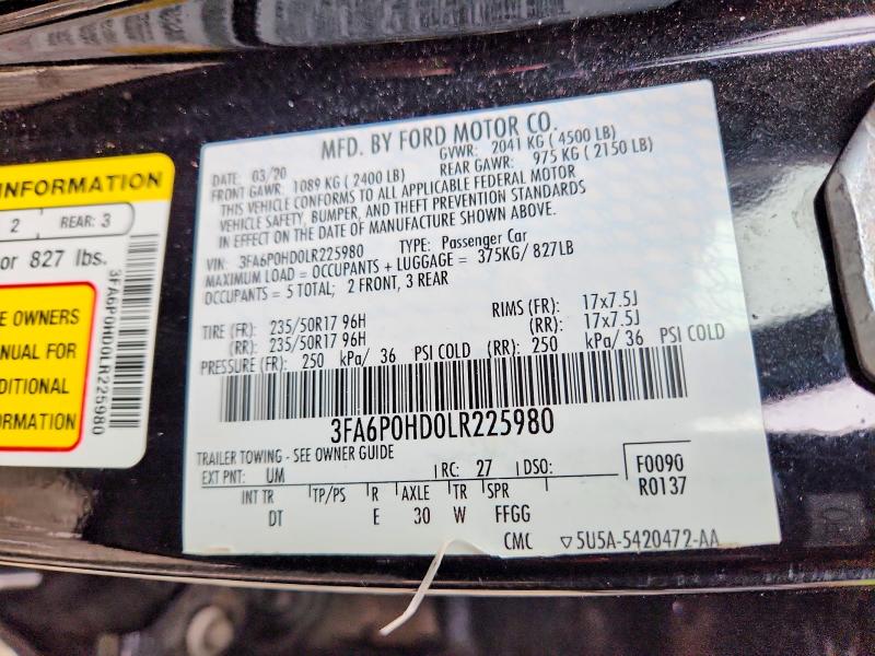 Продаж на аукціоні авто 2020 Ford Fusion, vin: 3FA6P0HD0LR225980, номер лоту: 69609226