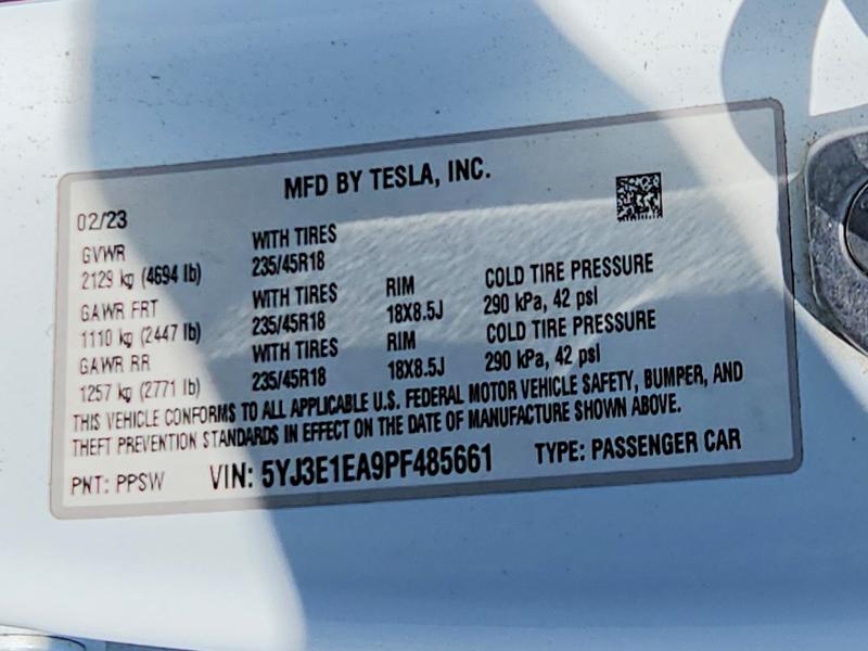 Aukcja sprzedaży 2023 Tesla Model 3, vin: 5YJ3E1EA9PF485661, numer aukcji: 69446396