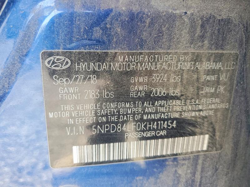 2019 Hyundai Elantra მანქანა იყიდება აუქციონზე, vin: 5NPD84LF0KH411454, აუქციონის ნომერი: 68050736